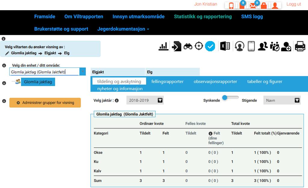 Menyer og funksjoner på side for Statistikk og rapportering Velge viltart og tidsperiode Brukerkonto,