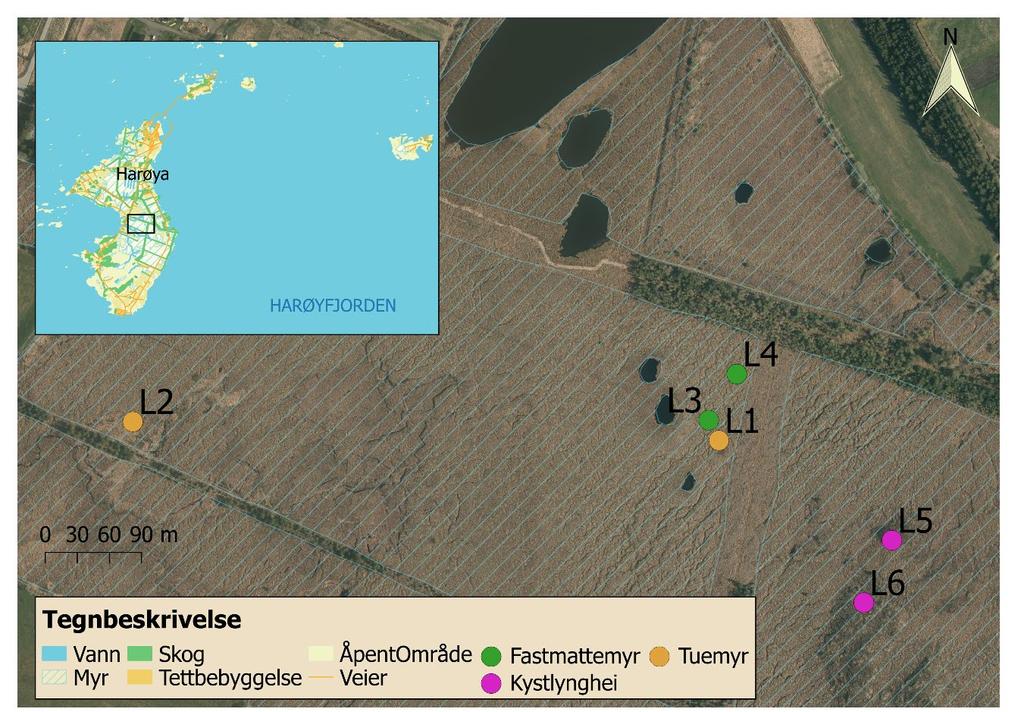 3 Overvåkningsdesign, materiale og metoder Innen hvert område utføres det en integrert overvåking av vegetasjonens artssammensetning i tre vegetasjonstyper (kystlynghei, tuemyr og fastmattemyr) og