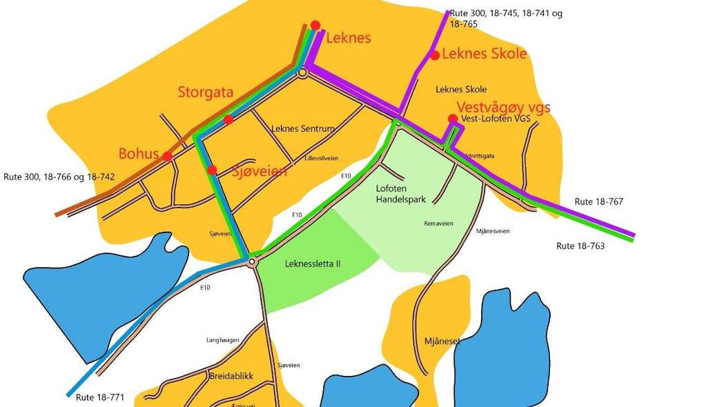 2.3 Kollektivtrafikk Figur 8: Skisse som viser bussruter og busstopp Leknes er et kollektivknutepunkt for Vestre Lofoten og alle bussruter i området går via Leknes sentrum som ligger ca.