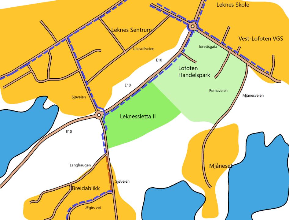 2.4 Forhold for gående og syklende Figur 9: Dagens nettverk av gangveger og fortau rundt Leknessletta Dagens situasjon for gående og syklende er vist i Figur 9.