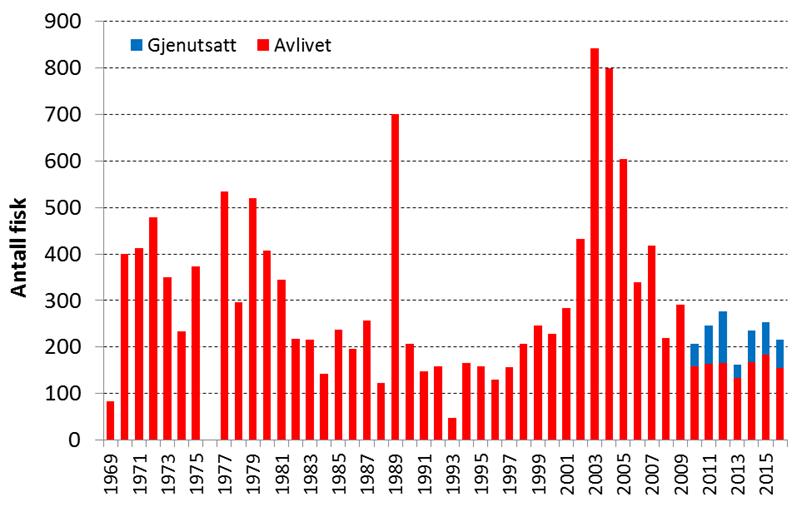 Figur 3. Offisiell fangststatistikk for laks i Daleelva. I følge den offisielle fangststatistikken for Daleelva er det i perioden 1969-2016 i gjennomsnitt fanget 258 sjøaure pr.