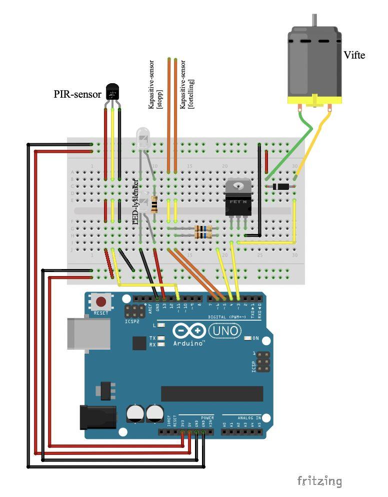 Figur 3.3: Krets. Gul: signal fra Arduino. Oransje: kapasitive signal. 4.3 Kode Midluns kode er skrevet i C++ og Processing. C++ kjøres via ARDUINO 1.8.9 og styrer all aktivisering og deaktivering.