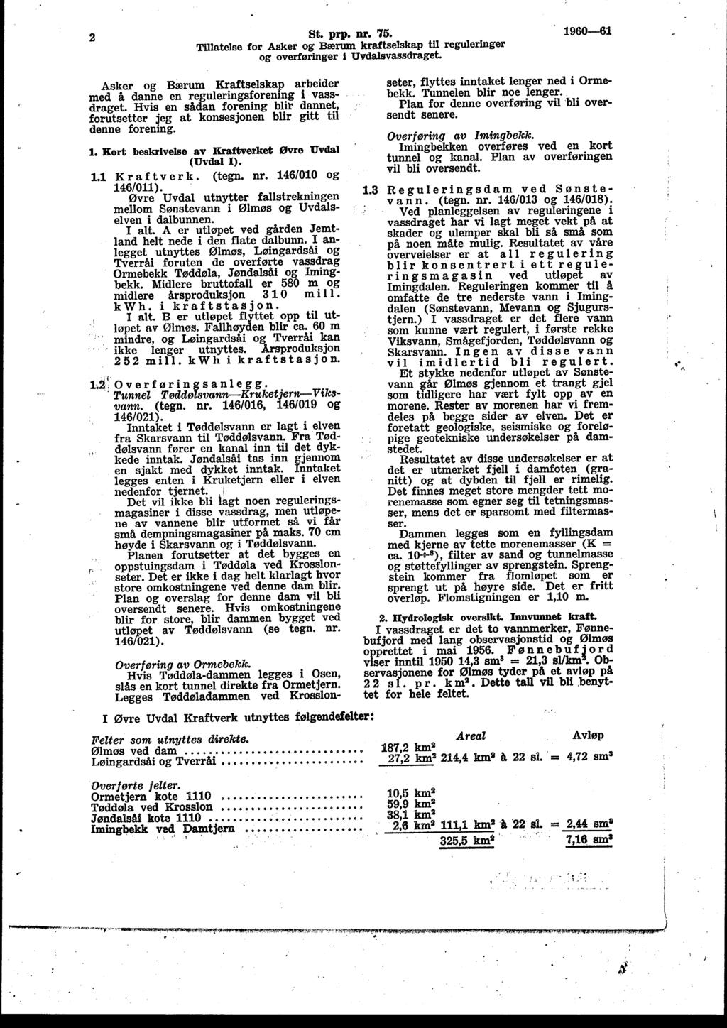 2 St. prp. nr. 75. ' 960 6 Tatese for Asker og Bærum kraftseskap t reguernger og overførnger Uvdasvassdraget..- Asker og Bærum Kraftseskap arbeder med å danne en reguerngsforenng vass - draget.