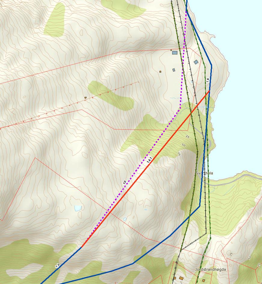 Figur 2-1. Tilleggssøkt alternativ 1.4.1 ved alpinanlegget i Svolvær. Tidligere omsøkt alternativ 1.0 på samme strekning (lilla stiplet) trekkes. 2.2.2 Alternativ 1.0.2 Lofotkraft omsøker en justering ved skytebanen i Slydalen.