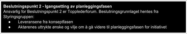 4.2 Konseptfasen Hensikten med konseptfasen er å etablere nødvendig beslutningsgrunnlag for å gå til planleggingsfasen for et initiativ.