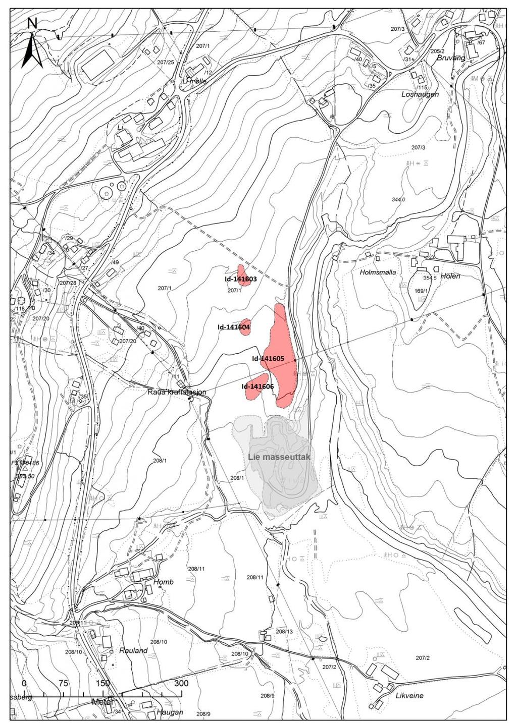 Figur 2. Oversikt over de fire registrerte lokalitetene med Lie massetak i S. Kartgrunnlag: Statens kartverk. Tillatelsesnummer NE12000-150408SAS. Produsert av Magne Samdal. 5.