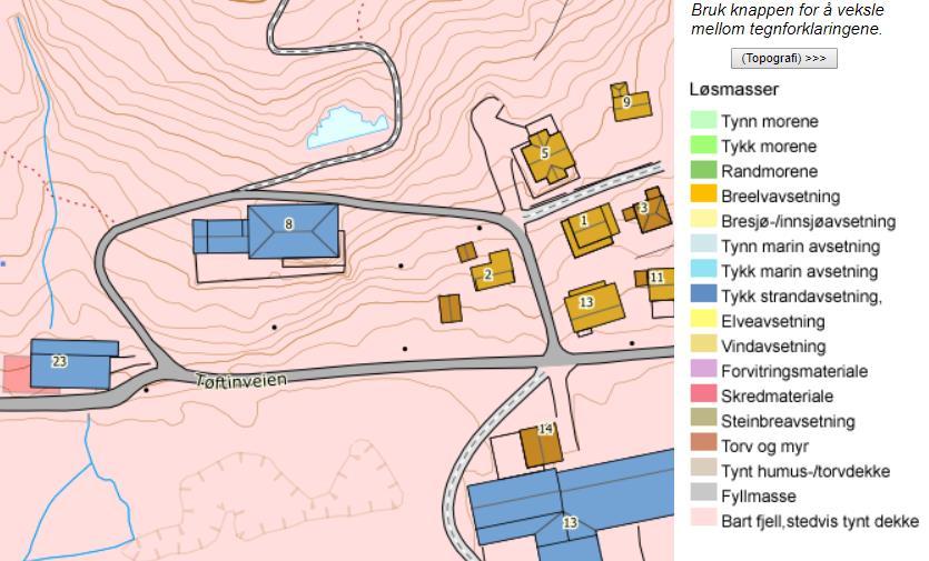 Figur 7. Grunnforhold. Kart fra Norges geologiske undersøkelse viser at området består av bart fjell, stedvis med tynt dekke. 6.5 DEMOGRAFISKE FORHOLD På Sula er det ca. 60 fastboende.