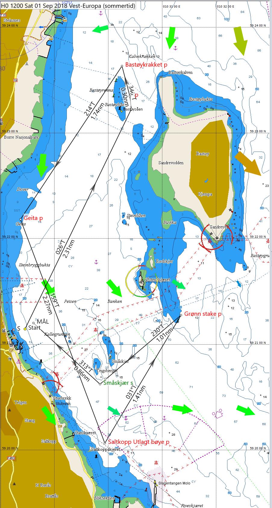 Alternativ 1 1. Start 2. Bastøy krakket babord. 3. Geita babord 4.