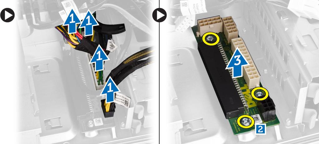 b Fjern skruene som fester PSU-kortet til kabinettet [2]. c Fjern PSU-kortet fra datamaskinen [3]. Montere PSU-kortet 1 Sett PSU-kortet tilbake i sporet.