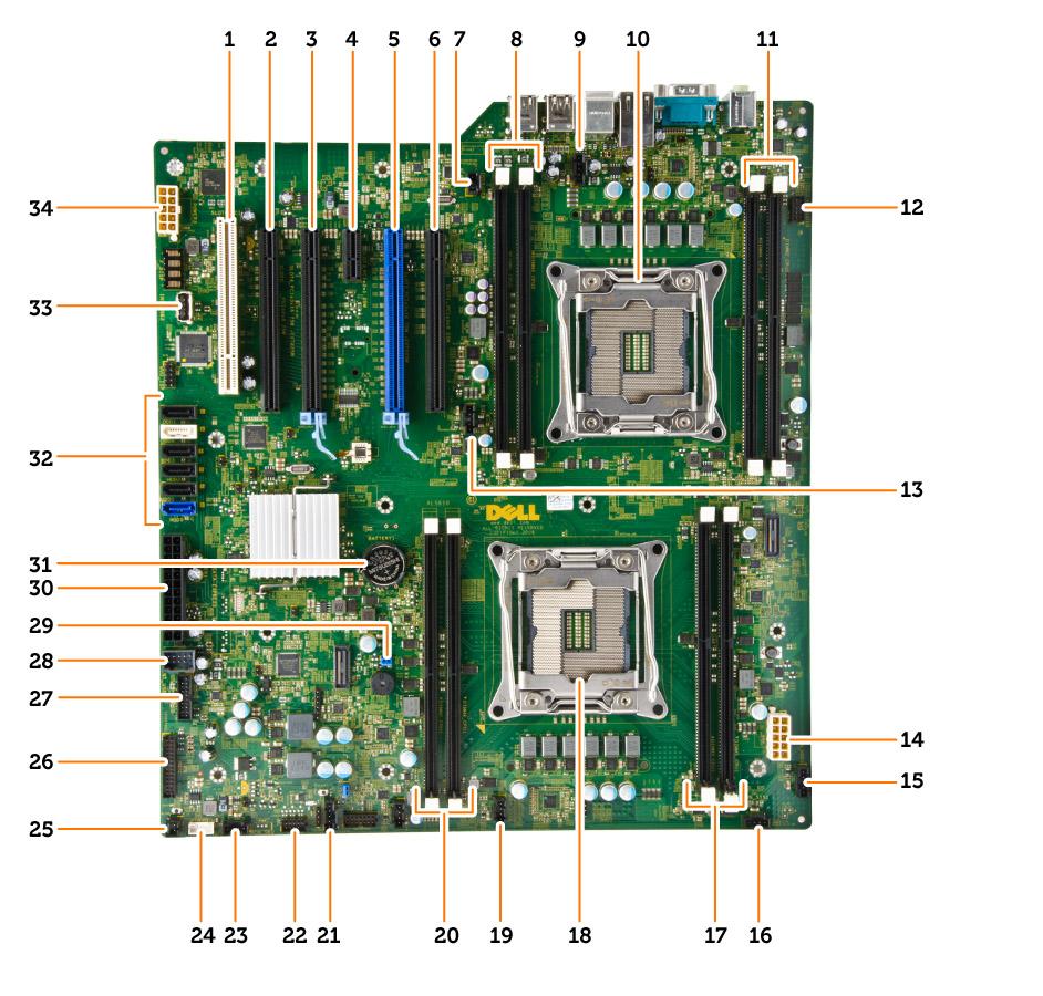 1 PCI-spor (spor 6) 2 PCIe x16-spor (PCIe 2.0 kablet som x4) (spor 5) 3 PCIe 3.0 x16-spor (spor 4) 4 PCIe 2.0 x1-spor (spor 3) 5 PCIe 3.0 x16-spor (spor 2) 6 PCIe x16-spor (PCIe 3.