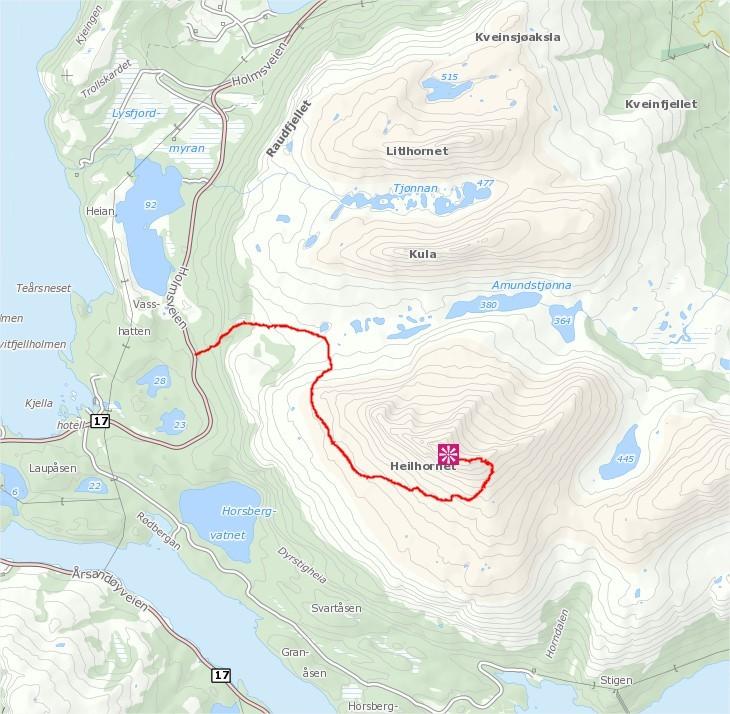 Følg stien mot høyre i retning Heilhornet. Du stiger opp til rundt 545 meter, før det går rett fram parallelt med toppen et stykke. På sørsiden vender du nesen igjen mot toppen.