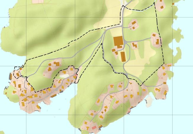 Kartutsnitt: Planavgrensning Dagens situasjon og planstatus: Den vestre delen av planområdet består i dag av tre boliger, mens den østre delen består av tre boliger, samt landbruksbygninger og dyrka