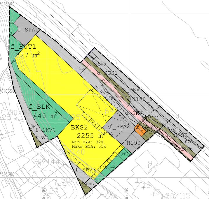 Figur 3 viser forslag til detaljregulering for Drammensvegen 64. Bebyggelse må plasseres innenfor område vist med gult, benevnt som område BKS2.
