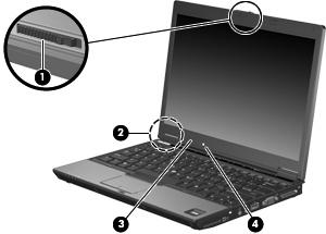 Komponenter på skjermen Komponent Beskrivelse (1) Skjermutløser Åpner datamaskinen. (2) Intern skjermbryter Slår av skjermen hvis skjermen lukkes mens datamaskinen er slått på.