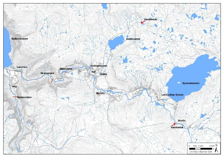 Figur 24. Kart over tilsigsområdet til Bjoreio. Lukene hvor vann fra Isdal og Storlia slippes fra er markert med piler. Tabell 21.