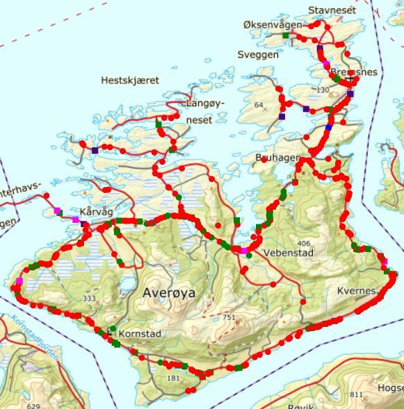 Kartfestede viltpåkjørsler siste 5 år Figur 5. Kartfesting av registrerte viltpåkjørsler i Averøy kommune i perioden 16.11.2013 15.11.2018.