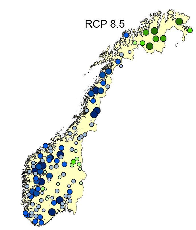 Klimapåslag for flom 0% Store nedbørfelt dominert av snøsmelteflommer 20% Nedbørfelt hvor regnflommer vil dominerer i