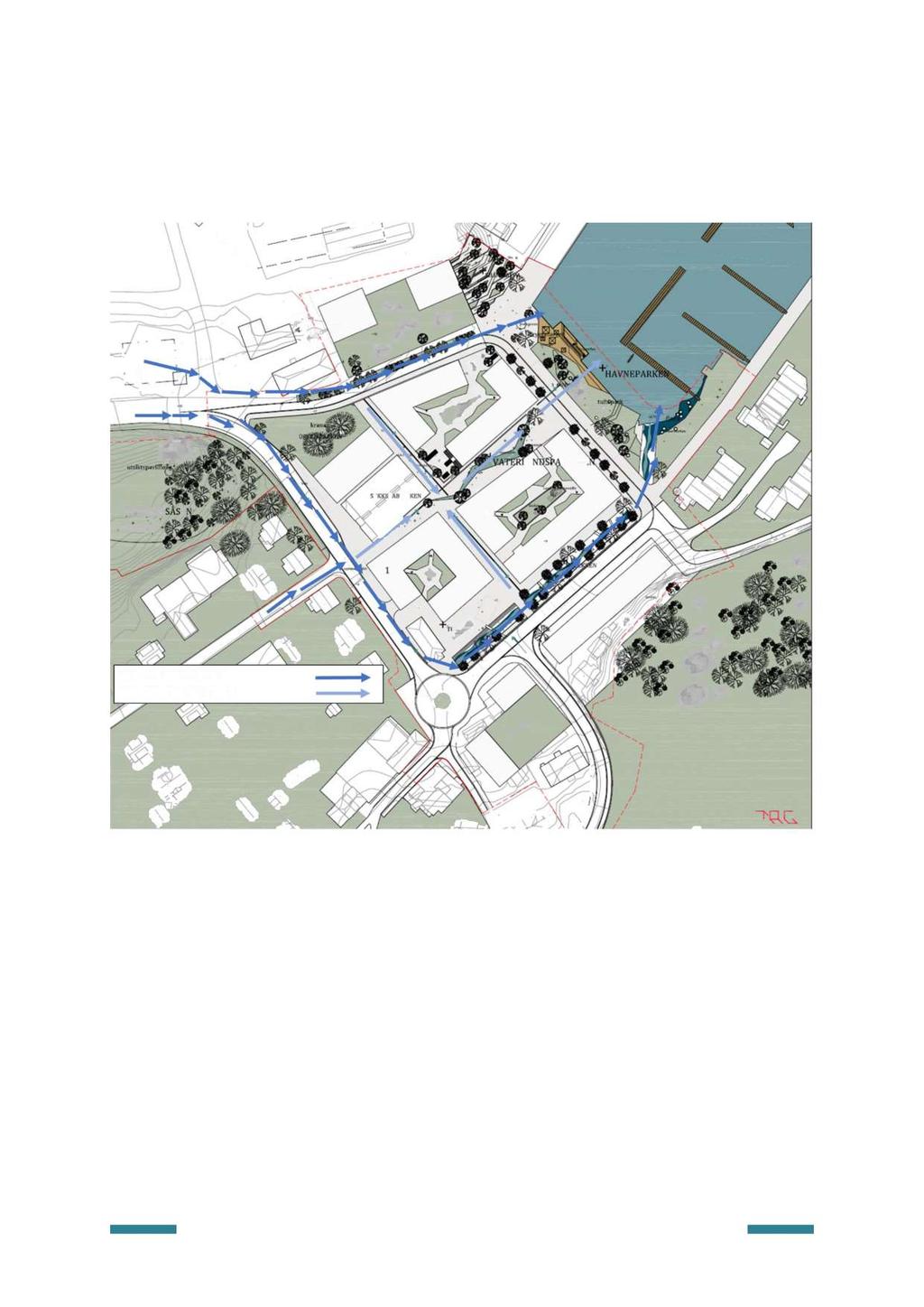 gjennom planområdet som leder vann fra oppstrøms bebyggelse og ut til havnebassenget. Figur 12 illustr erer traséer for hoved - flomveier samt interne vannveier/flomveier på Vaterland.