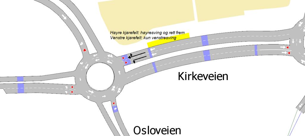 Figur 4: Rundkjøring Kirkeveien og Osloveien, dagens geometri Figur 4 viser dagens geometri i rundkjøring med Kirkeveien og Osloveien.