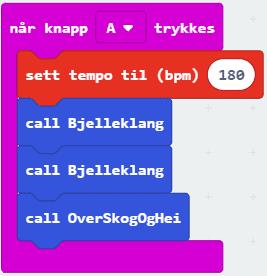 Nå kan du lage en funksjon som heter OverSkogOgHei som spiller de fem notene der vi synger 'Over skog og hei'. Da skal tonene Midtre E, G, C, D, E spilles i henholdsvis 1, 1, 1, 1 og 2 takter.