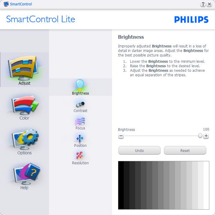 3. Bildeoptimering Start med Standard-rute: Adjust menu (Justeringsmeny): Med Adjust menu (Justeringsmeny) kan du justere Brightness (lysstyrke), Contrast (kontrast),