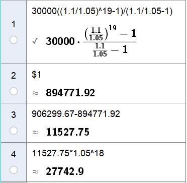 .. + 30000 90699,67,05 =,05 Vi løser likningen i CAS i GeoGebra Eirik kan ta ut uttak som er 0 % mer enn året før 9 ganger, altså frem til og med. juli 05.