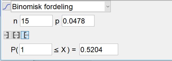 Vi bruker sannsynlighetskalkulatoren i GeoGebra Sannsynligheten for at en tilfeldig valgt flaske veier for lite er 4,78 %. Flaskene blir pakket i esker. Hver eske inneholder 5 flasker.