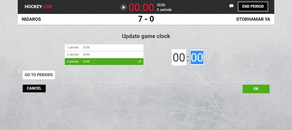 Korrigering av klokketid Klokketiden kan justeres hele tiden under kampen. Klokketiden i HockeyLive skal alltid være lik kampuret i hallen.