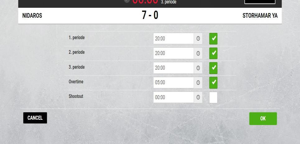 Overtid Ved poenglikhet der lagene skal spille overtid, kan du legge inn overtid og evt Shootout manuelt. Vent til 3.periode er over. Gå deretter til PERIODS under MENY. Her haker du av for overtid.