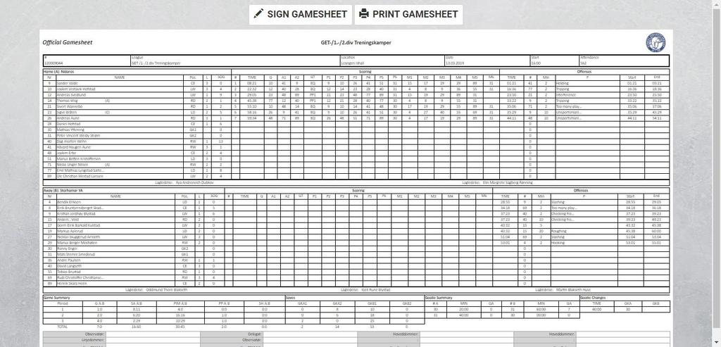 Gamesheet På Gamesheet er det lurt å kontrollere alle de tre feltene som er markert med farger. Rødt er Game Summary, Blått er Saves og grønt er Goalie summary og Goalie changes.