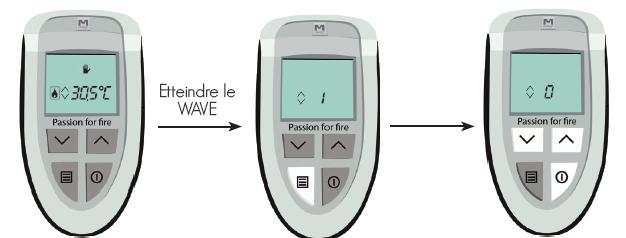 Styring av peis med Wave Trykk en gang på meny knappen Wave, bekreft med : velg pil opp for bruk av Wave og ned for å avslutte og 2-3 brennere: Etter at peisen er startet opp på vanlig måte og