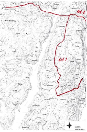 alternative ruter, ein frå Røysland og ein frå Kyrkjebygd. Vernegrensa går vest i Svartevatn øvst på kartet. Verneområdestyret og arbeidsutval har gjeve løyve til tilsvarande turar dei siste åra.