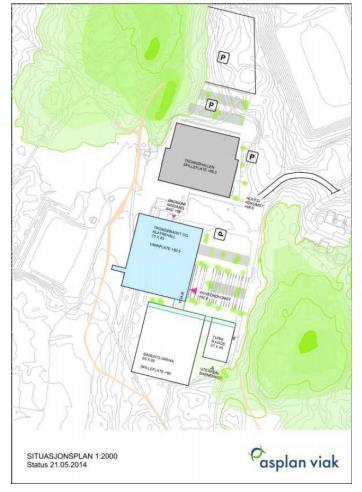 inngår Tromsøhallen i sin nåværende form. Parkering er løst på bakkeplan. Ishall og parkeringshus til kunne få plass i og rundt eksisterende Tromsøhall i en fremtidig situasjon». Utklipp 11.