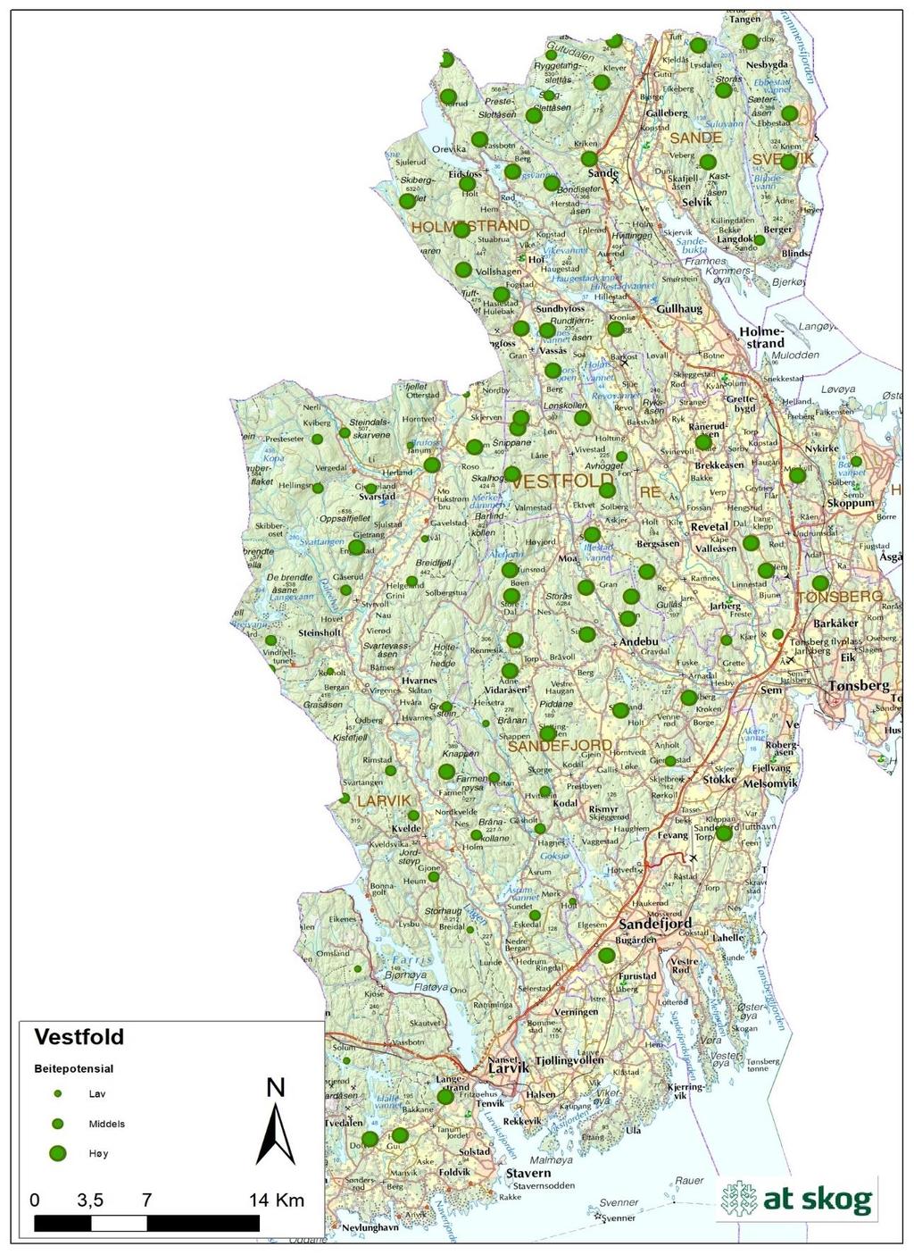 Figur 16. Beitepotensialet for takserte bestand i Vestfold i 219.