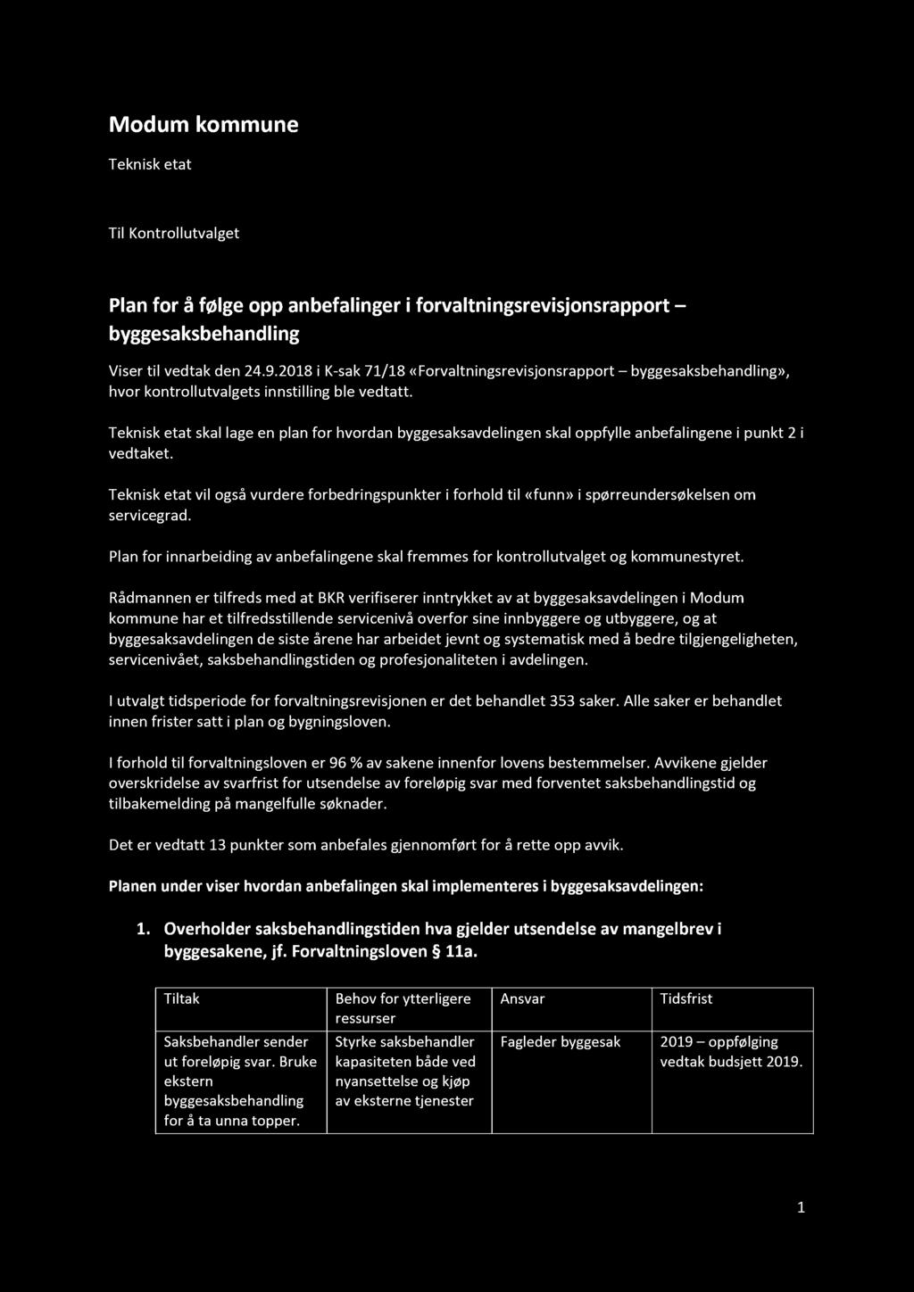 Modum kommune Teknisk etat Til Kontrollutvalget Plan for å følge opp anbefalinger i f orvaltningsrevisjonsrapport byggesaksbehandling Viser til vedtak den 24.9.