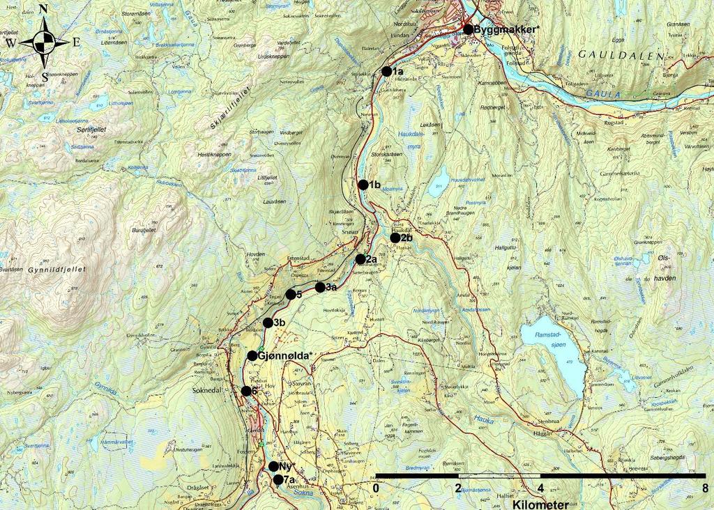 Figur 2. Kart over elfiskestasjoner som ble benyttet i Sokna høsten 2018 (20-21. august). Bakgrunnskartet er lastet ned fra www.geonor