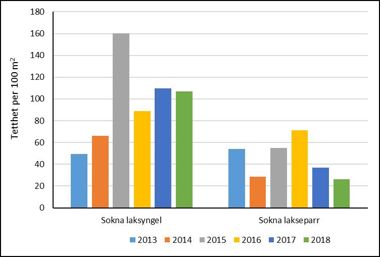 3.2 Ungfiskundersøkelser i sidevassdrag 3.2.1 Undersøkelser i Sokna Selv om referansestasjonene kun utgjorde 30 % av det undersøkte arealet våren 2018, ble 60 % av all ungfisk fanget på disse stasjonene.