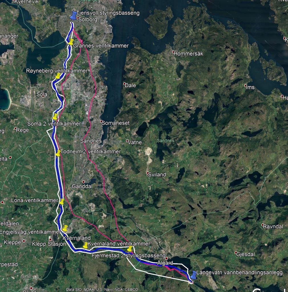 10 Figur 2-1 Illustrasjonen viser eksisterende VA (rød strek), forslag til ny trasé (blå strek), planlagt varslingsområde (hvit strek), og planlagt bebyggelse (gule punkter).