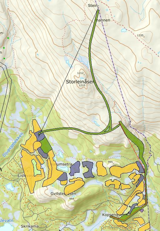 OMRÅDE: Djupsjøen ST60 Lauvkollen Gbnr 131/3 og 130/188 Innspill: 5 a Dagens formål: LNF Foreslått formål: Samferdselsanlegg og teknisk infrastruktur (heis) Arealstørrelse: 2,2 km lang Moh.