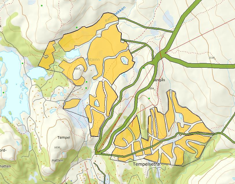 OMRÅDE: Tempelseter H52a-h Tempelseter Gbnr 142/1 og 143/12 Innspill: 4 a c b d Dagens formål: Idrettsanlegg (alpinanlegg), fritidsbebyggelse og LNF Foreslått formål: Fritidsbebyggelse