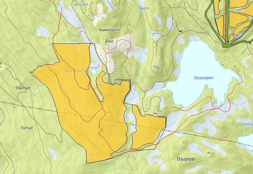 OMRÅDE: Djupsjøen H54a-b Rakketjenn/Kjølahovet Gbnr 141/1 Innspill: 4 Dagens formål: LNF og fritidsbebyggelse (deler innenfor reg.pl. Norefjell Vest).