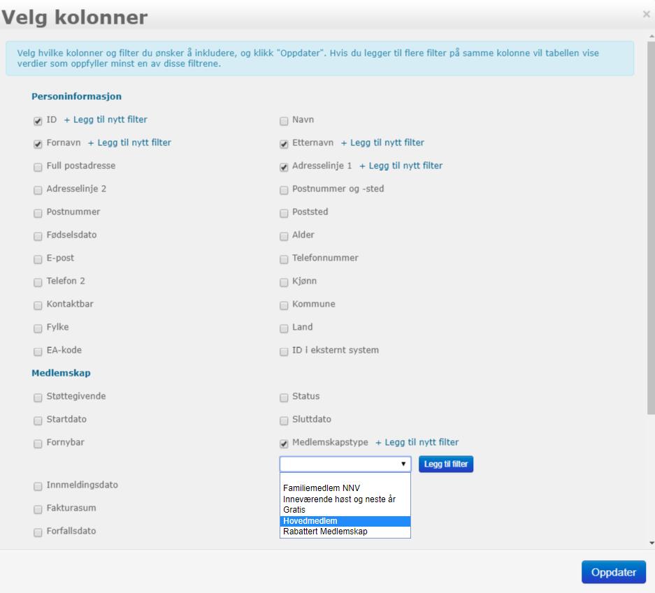 Filtre Trykk på 'Velg kolonner og filtre'. En større meny kommer til syne. Her du kan se hvilke filtre er aktive og hvilke kolonner som vises på skjermen.