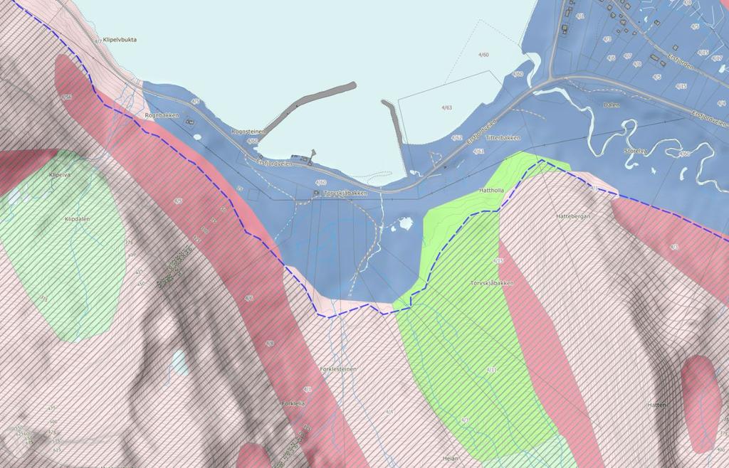 Figur 3: Løsmassekart med marin grense fra NGU [2]. Løsmassene innenfor planområdet er definert som marin strandavsetning. Stiplet blå linje er marin grense, hvor skravert område er over marin grense.