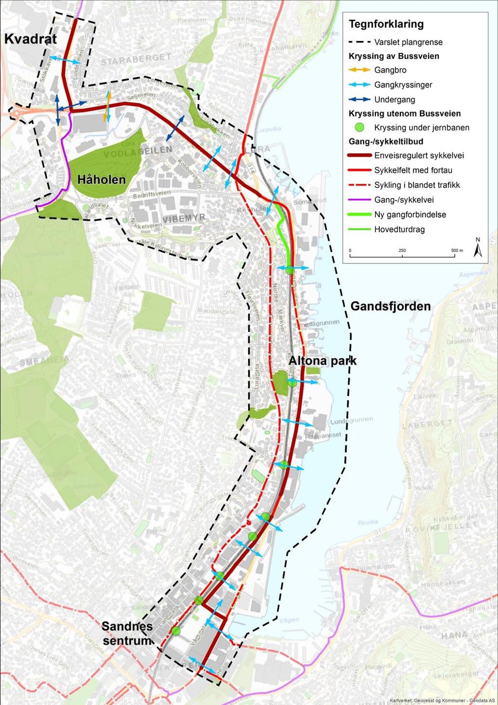 5 Løsninger for gående og syklende Det blir sammenhengende tosidig tilbud for gående og syklende langs Bussveien med unntak av gjennom det mest sårbare kulturmiljøet nord i Strandgata hvor sykkel og