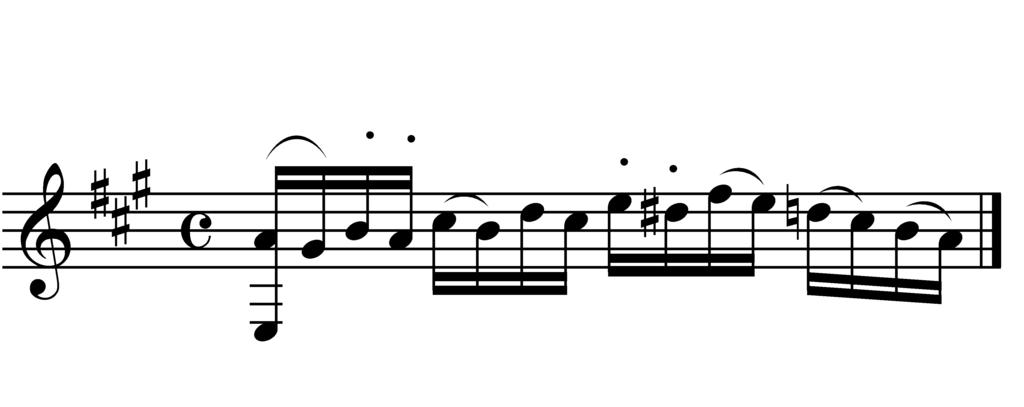 Når det står grupert to og to noter, den ene gruppen med bue over to noter og stakkato tegn over de to neste eller motsatt, skal de med legatobue spilles på vanlig måte.
