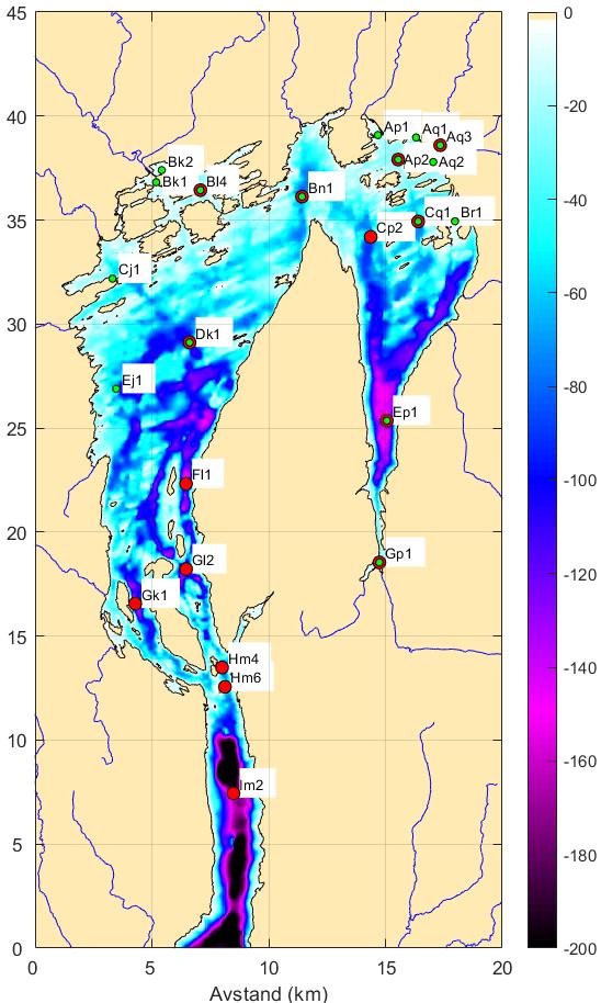 Topografi og stasjonsnett i indre Oslofjord I kartet vises plasseringen til stasjonene hvor vannmassene overvåkes.