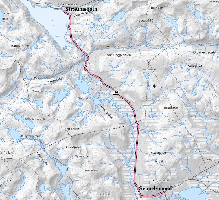 5.6. Fv. 86 fra Svanelvmoen til Straumsbotn (pri 6) Fv. 86 gjennom Svanelvdalen er hovedvegen til Berg og Ytre Torsken med bygdene Gryllefjord og Torsken som de viktigste i sjømatnæringa.