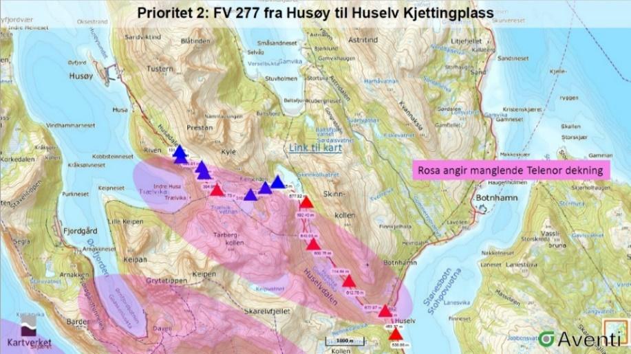 6.3.2. Fv. 277 fra Huselv til Husøy (pri.2) I. ITS Forslag til ITS-løsninger på denne strekninga: Mobildekning må utbedres på store deler av strekninga.