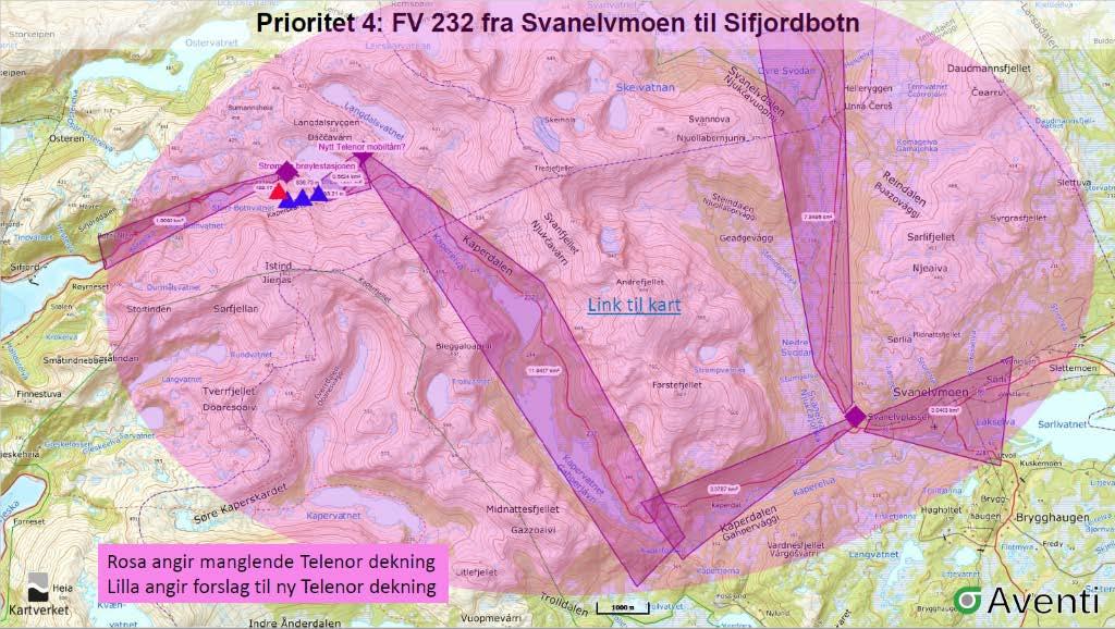 6.3.4. Fv. 232 fra Svanelvmoen til Sifjordbotn (pri.4) I. ITS Forslag til ITS-løsninger på denne strekninga: Her er et område som har mangelfull mobildekning.