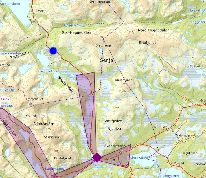 Foreslått værstasjon Svanelvdalen (blått punkt) har mobildekning, men her er det ikke strøm.
